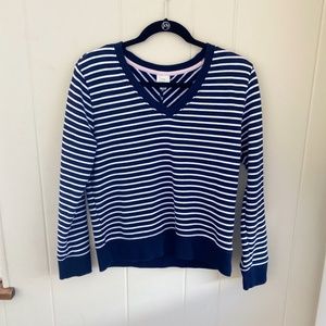 Navy & White Striped Long-Sleeve V-Neck Pullover